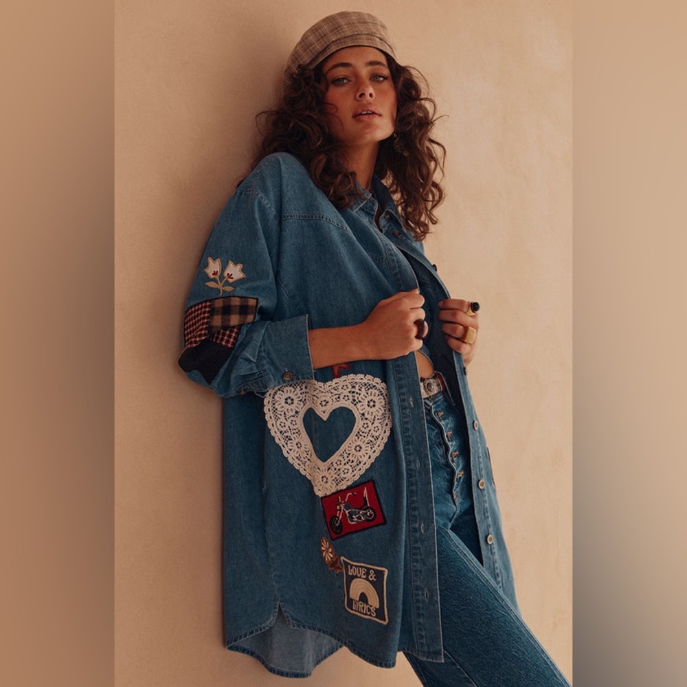 Spell Bombshell Patchwork Denim Shirt with Heart … - image 1